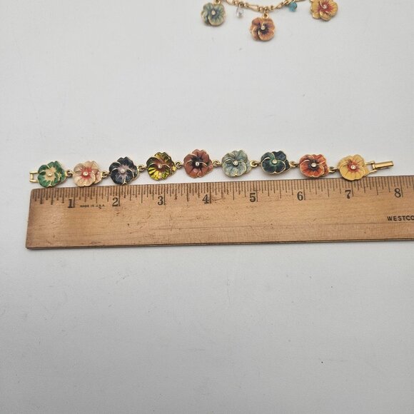 Joan Rivers Pansy Flower Gold Tone Enamel Charm Necklace Link Bracelet Set - Picture 3 of 6